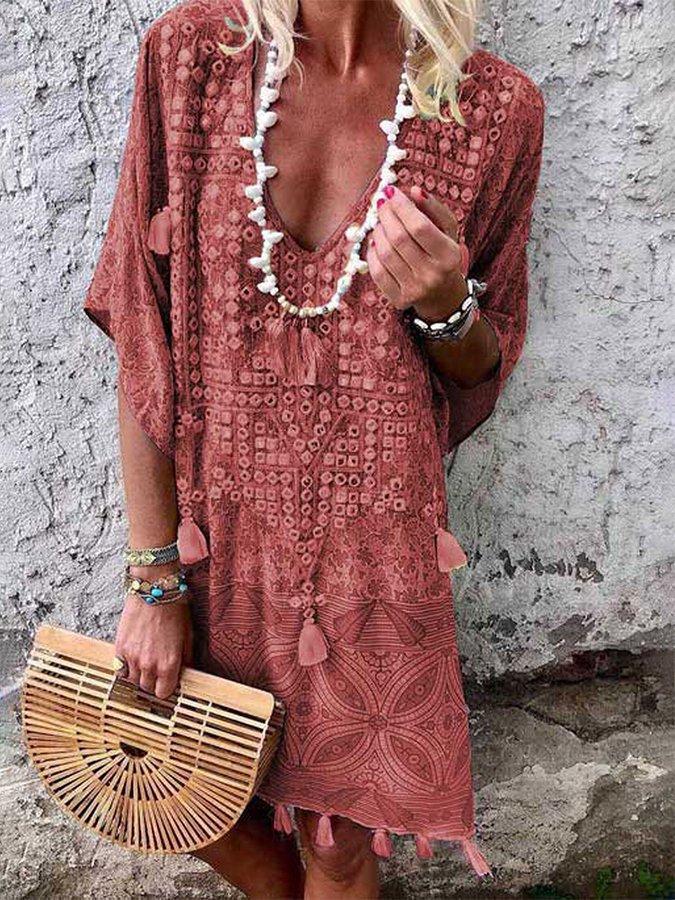 Damen Boho-Chic Kaftan mit V-Ausschnitt und Tassel-Details Echoarchiv