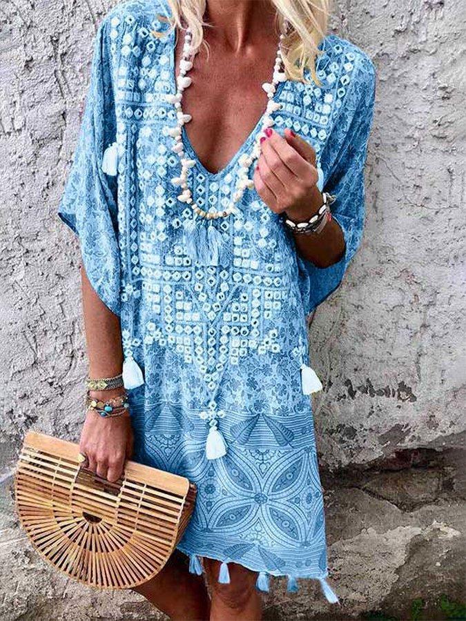 Damen Boho-Chic Kaftan mit V-Ausschnitt und Tassel-Details Echoarchiv