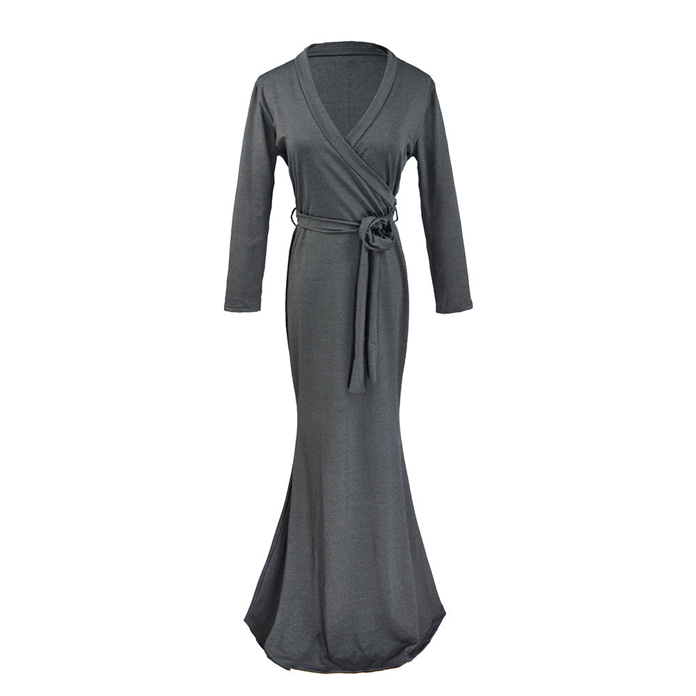 Damen Wickel‑Maxikleid mit Taillenschärpe, figurbetonter Silhouette & 3/4‑Ärmeln Echoarchiv
