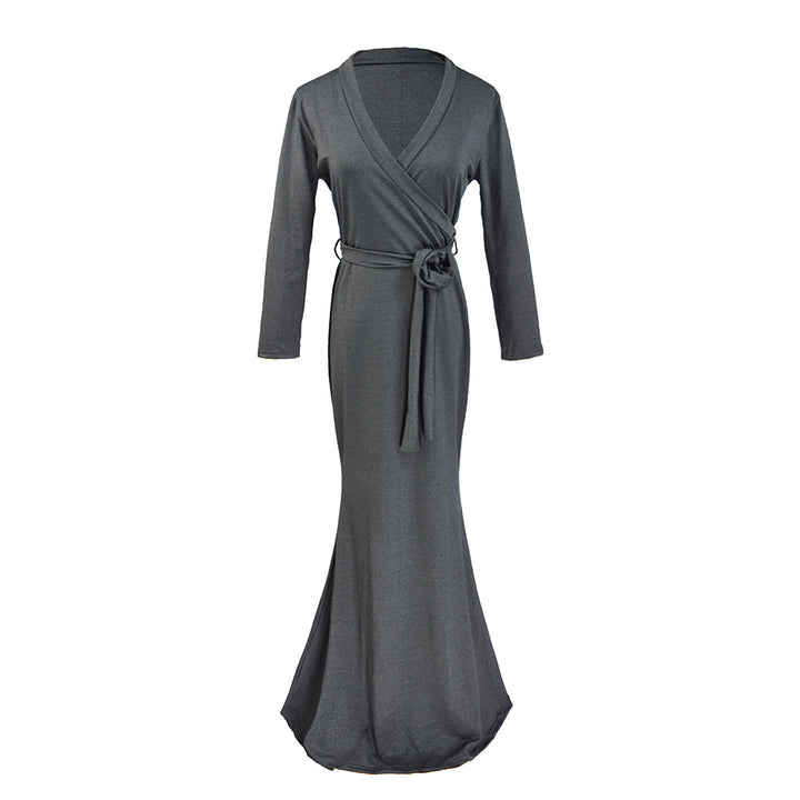 Damen Wickel‑Maxikleid mit Taillenschärpe, figurbetonter Silhouette & 3/4‑Ärmeln Echoarchiv