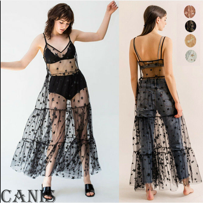 Damen Transparente Maxikleid aus Chiffon mit Sternen-Design und mehrlagigem Saum Echo Archiv