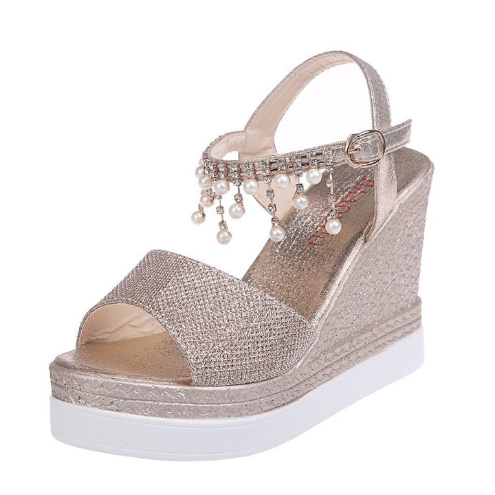 Damen nan glitzernde Keilsandalette mit Perlenfransen und verstellbarem Knöchelriemen Echo Archiv