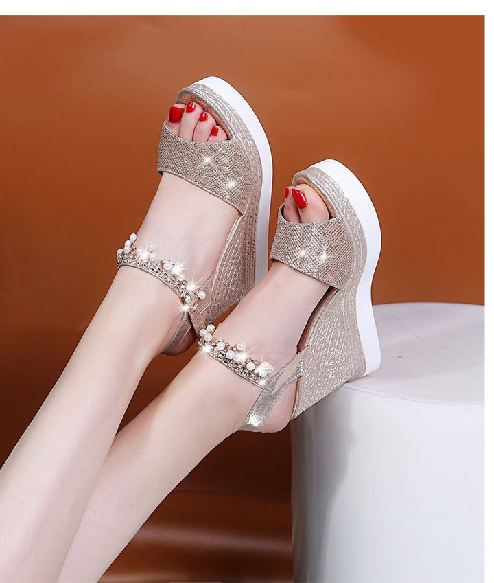 Damen nan glitzernde Keilsandalette mit Perlenfransen und verstellbarem Knöchelriemen Echo Archiv