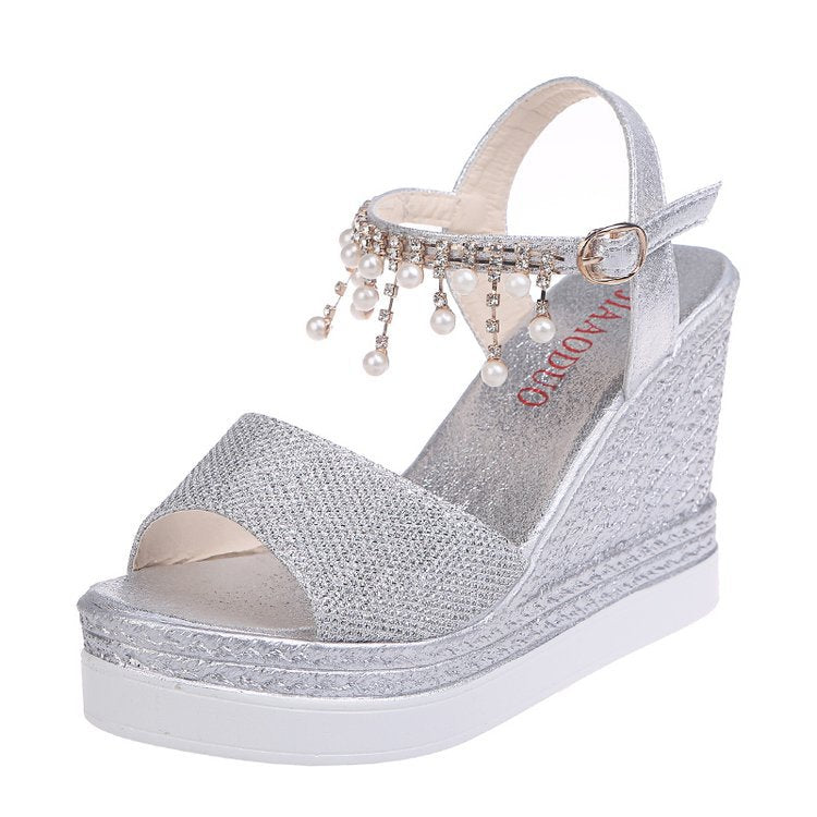 Damen nan glitzernde Keilsandalette mit Perlenfransen und verstellbarem Knöchelriemen Echo Archiv