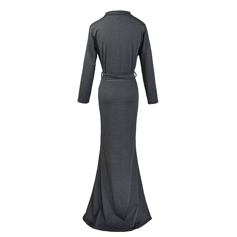 Damen Wickel‑Maxikleid mit Taillenschärpe, figurbetonter Silhouette & 3/4‑Ärmeln Echoarchiv