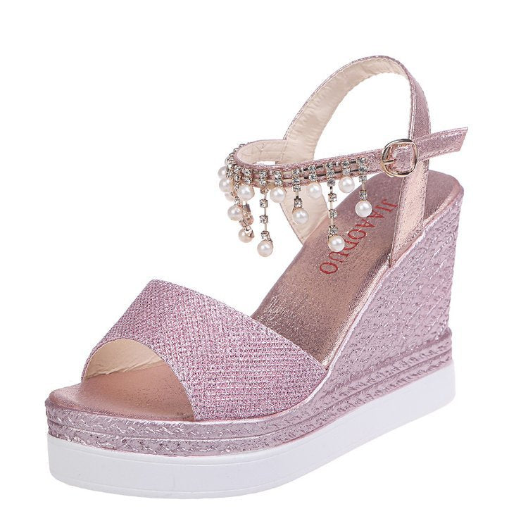Damen nan glitzernde Keilsandalette mit Perlenfransen und verstellbarem Knöchelriemen Echo Archiv