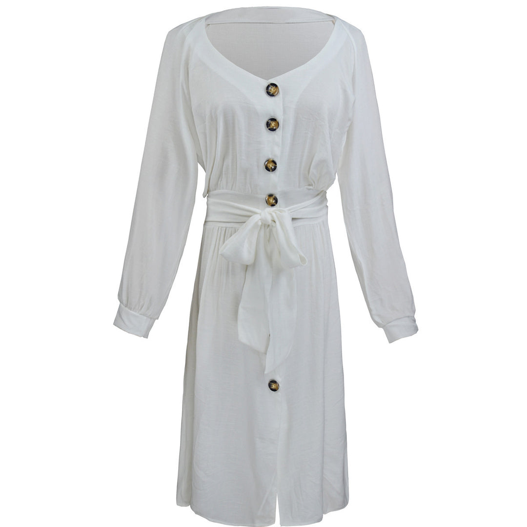 Damen Leichtes Viskose-Midikleid mit Taillenschärpe, Knopfleiste und Beinschlitz Echoarchiv