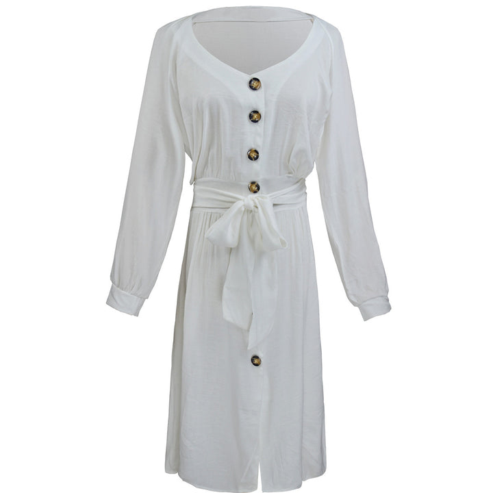 Damen Leichtes Viskose-Midikleid mit Taillenschärpe, Knopfleiste und Beinschlitz Echoarchiv