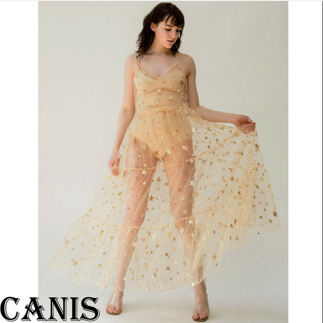 Damen Transparente Maxikleid aus Chiffon mit Sternen-Design und mehrlagigem Saum Echo Archiv