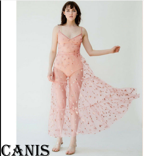 Damen Transparente Maxikleid aus Chiffon mit Sternen-Design und mehrlagigem Saum Echo Archiv