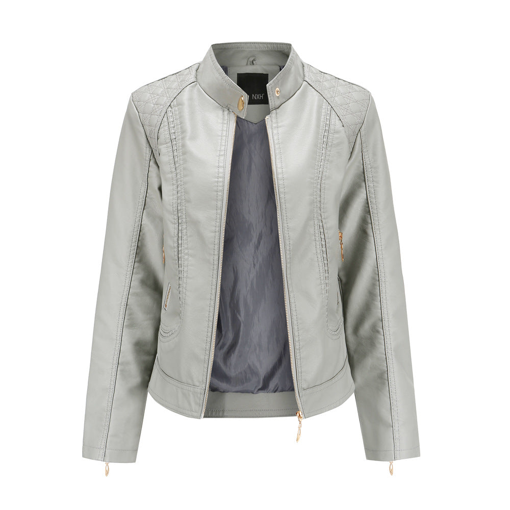 Damen nan taillierte Kunstleder Bikerjacke mit Stehkragen und gesteppter Schulterpartie Echo Archiv