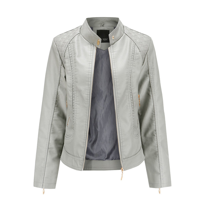 Damen nan taillierte Kunstleder Bikerjacke mit Stehkragen und gesteppter Schulterpartie Echo Archiv