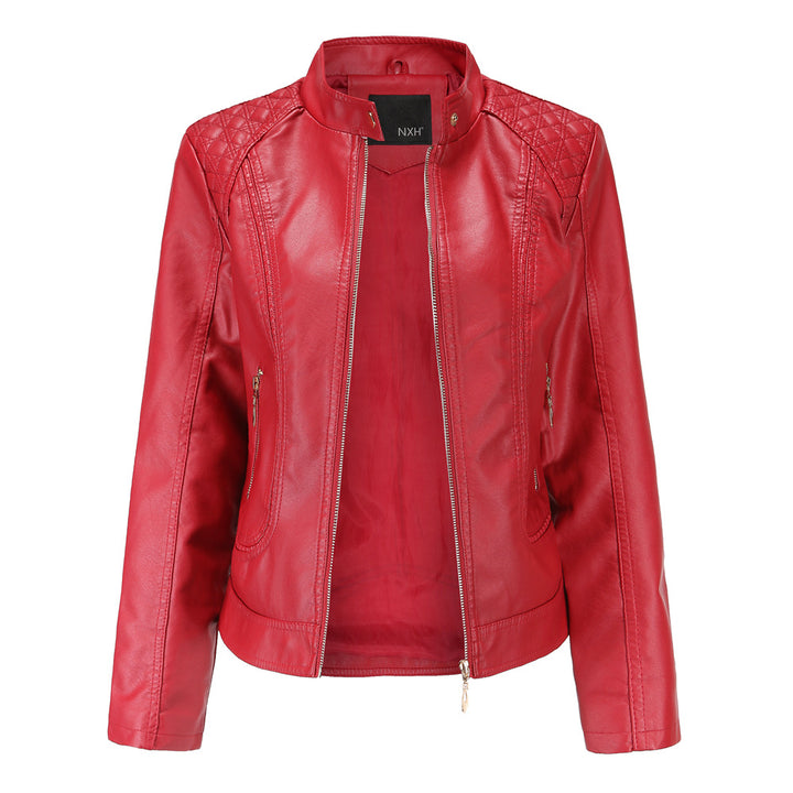 Damen nan taillierte Kunstleder Bikerjacke mit Stehkragen und gesteppter Schulterpartie Echo Archiv
