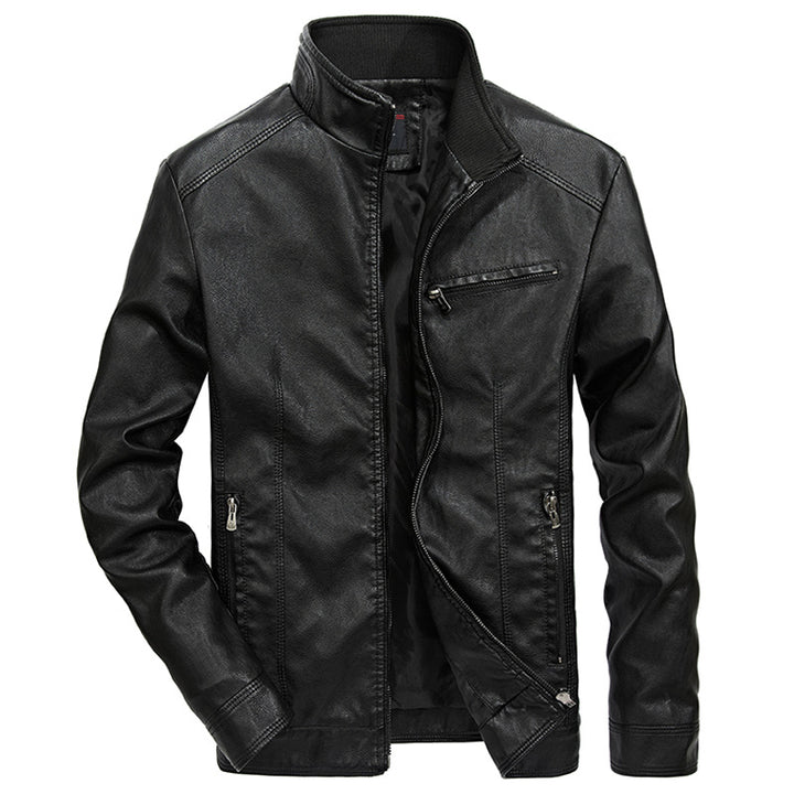 Herren Lederoptik-Motojacke mit Stehkragen und Reißverschlusstaschen Echoarchiv
