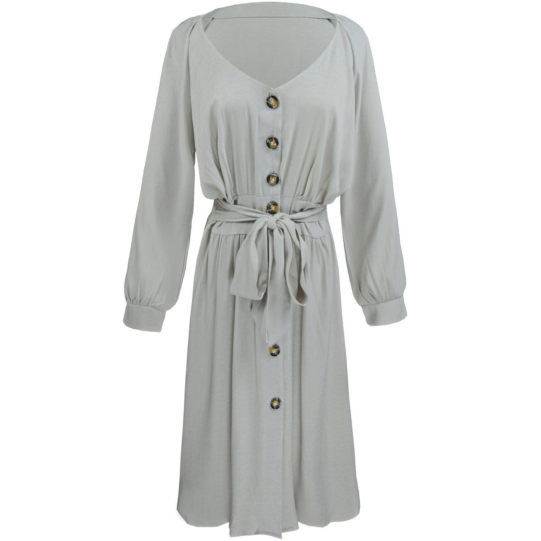 Damen Leichtes Viskose-Midikleid mit Taillenschärpe, Knopfleiste und Beinschlitz Echoarchiv