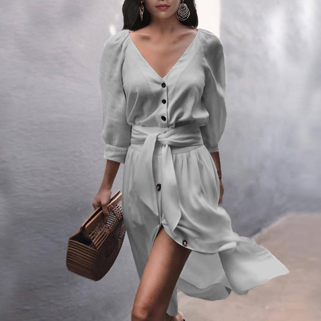 Damen Leichtes Viskose-Midikleid mit Taillenschärpe, Knopfleiste und Beinschlitz Echoarchiv