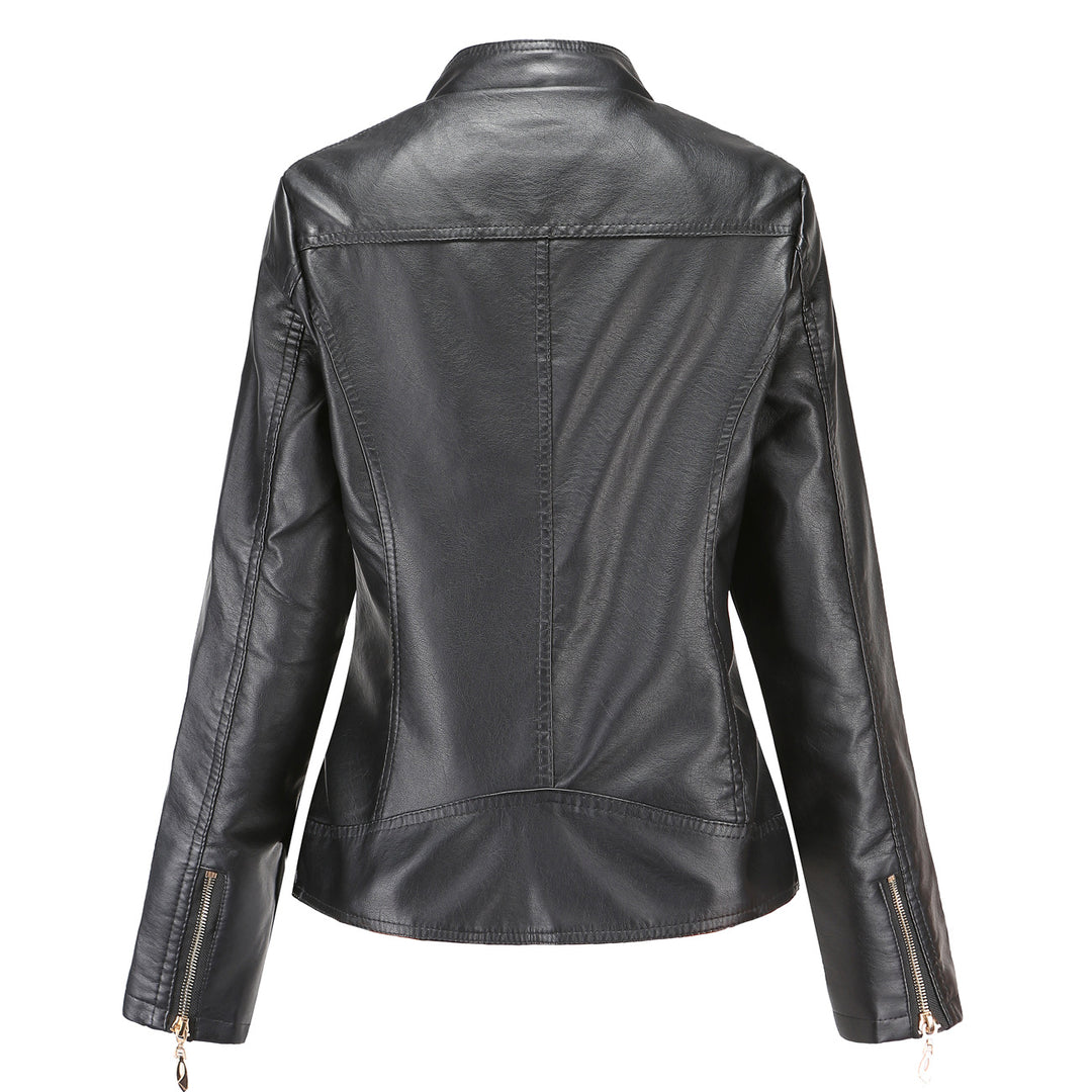 Damen nan taillierte Kunstleder Bikerjacke mit Stehkragen und gesteppter Schulterpartie Echo Archiv