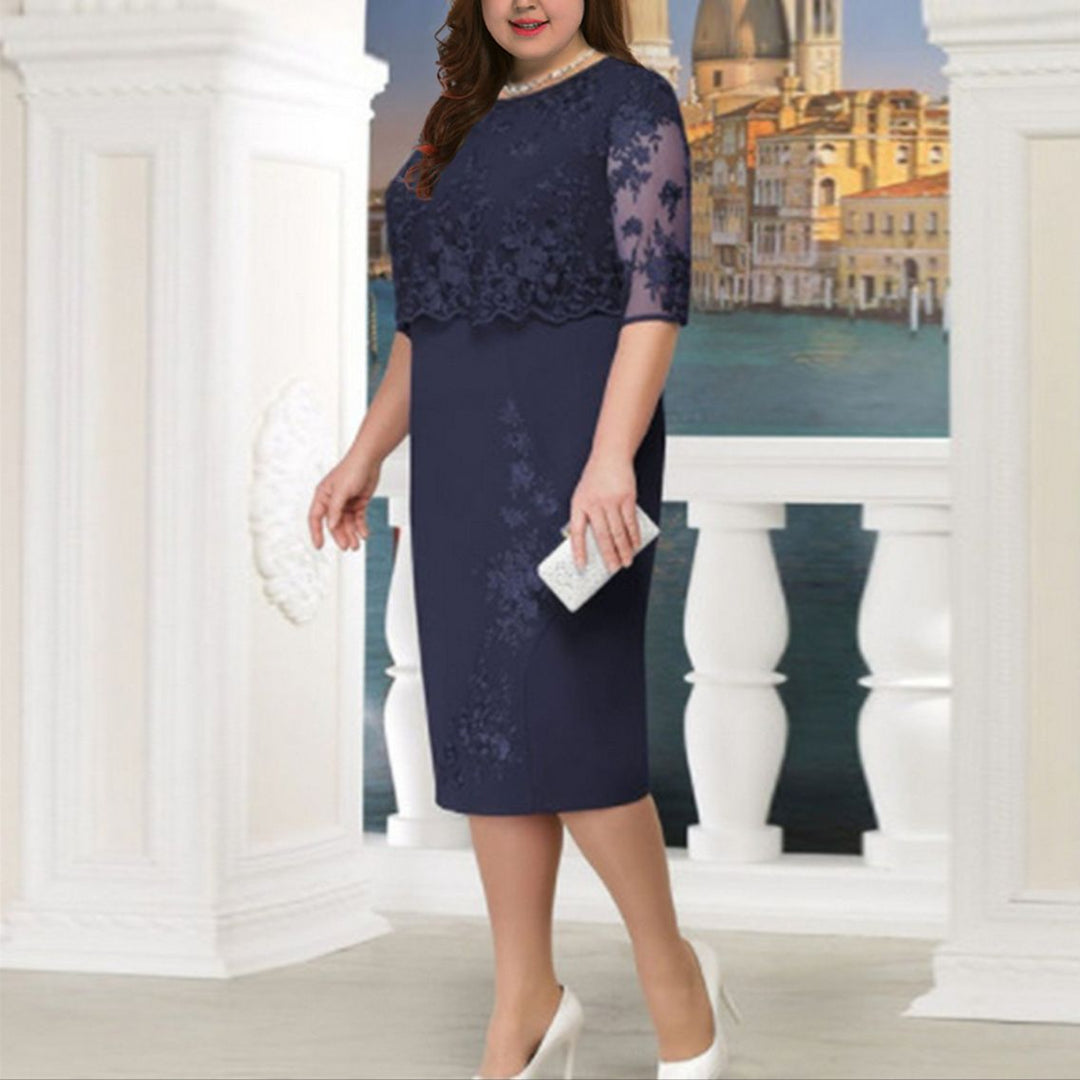 Damen Elegantes Spitzen-Overlay Etui-Kleid mit besticktem Chiffonoberteil und halbtransparenten Ärmeln – Élara