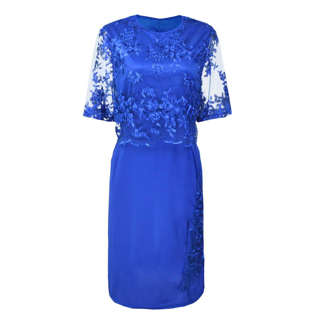 Damen Elegantes Spitzen-Overlay Etui-Kleid mit besticktem Chiffonoberteil und halbtransparenten Ärmeln – Élara