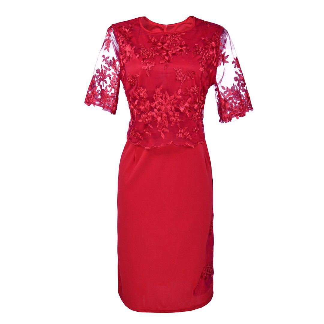 Damen Elegantes Spitzen-Overlay Etui-Kleid mit besticktem Chiffonoberteil und halbtransparenten Ärmeln – Élara