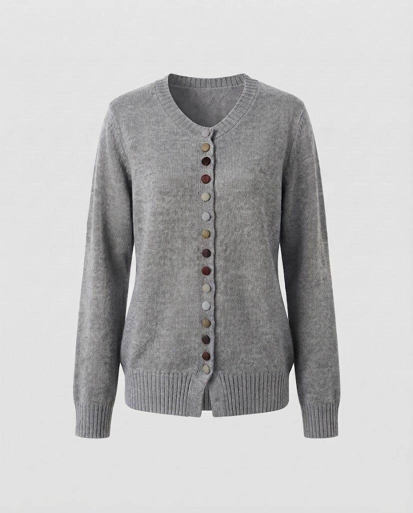 Damen Feiner V-Ausschnitt-Cardigan mit mehrfarbigen Zierknöpfen und geripptem Saum Echoarchiv