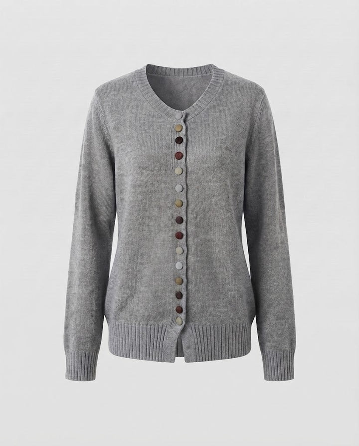 Damen Feiner V-Ausschnitt-Cardigan mit mehrfarbigen Zierknöpfen und geripptem Saum Echoarchiv