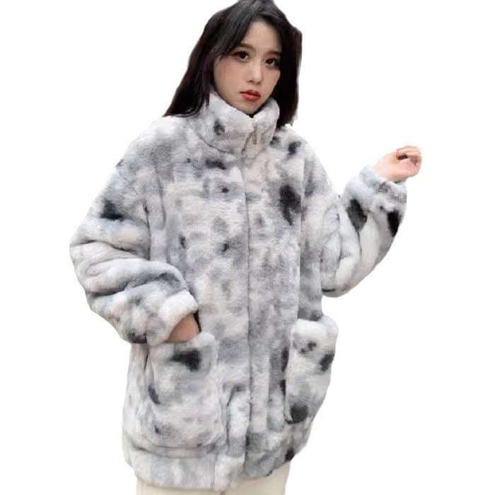 Gefütterte Lammfleece-Imitat Jacke, abstraktes Design