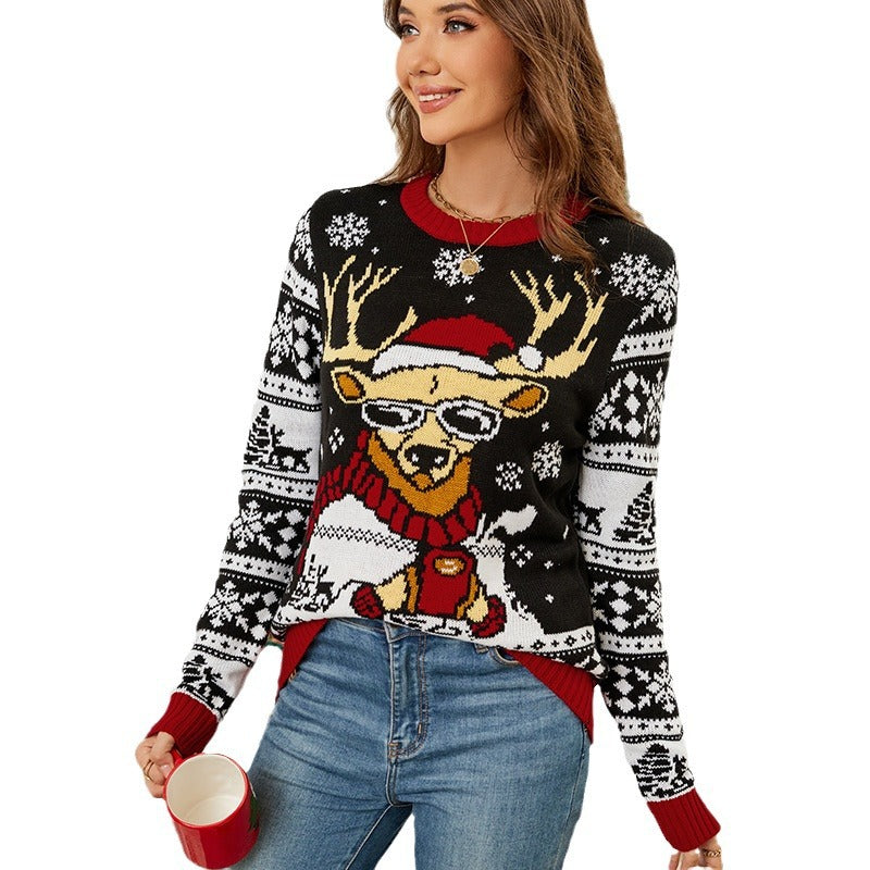 Damen-Weihnachtspullover mit Rentier-Jacquard-Muster
