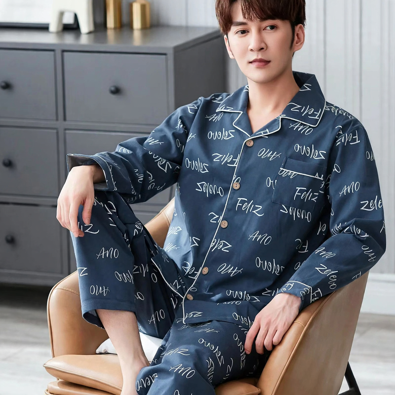 Herren-Pyjama-Set, 100% Baumwolle, langärmelig, geknöpft