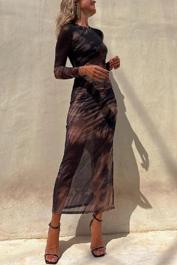 Echoarchiv | Charm Lady Mesh Overlay Tie Dye Print Langarm Rüsch Stretch Midi Kleid
