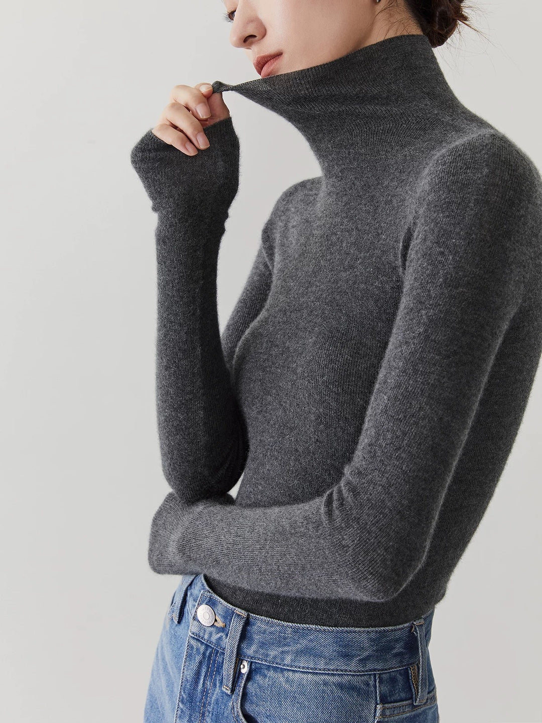 Damen-Kaschmirpullover mit Stehkragen, nahtlos