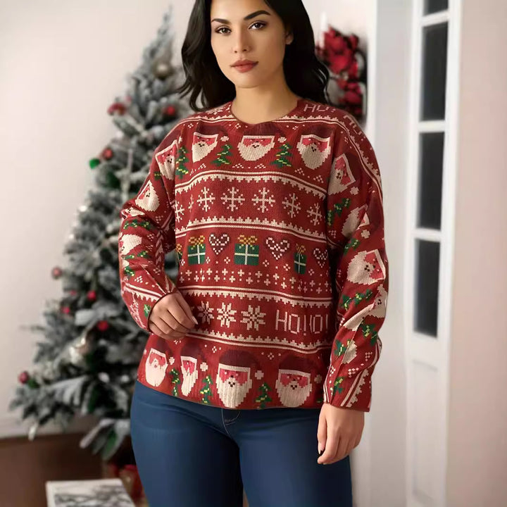 Lockerer Damen-Pullover mit Weihnachtsmann-Print