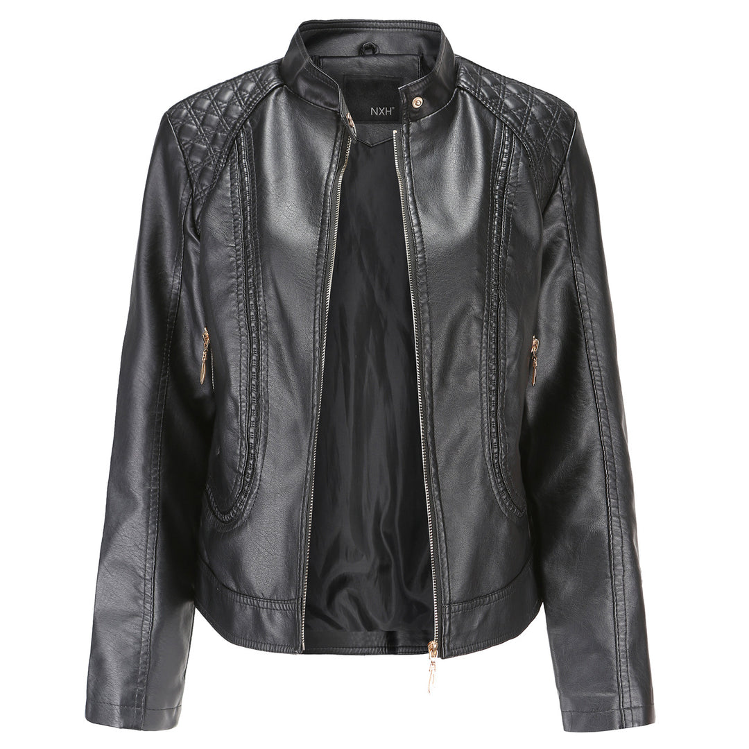 Damen nan taillierte Kunstleder Bikerjacke mit Stehkragen und gesteppter Schulterpartie Echo Archiv