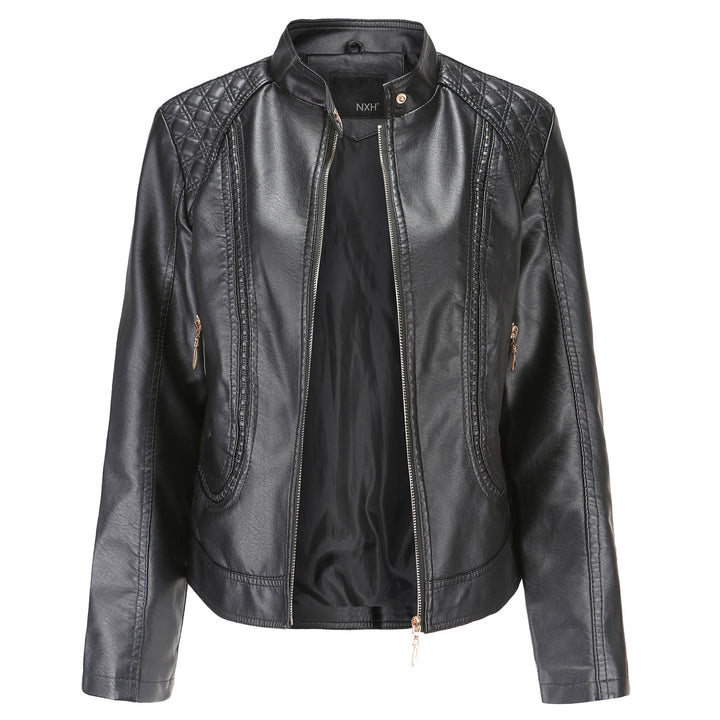 Damen nan taillierte Kunstleder Bikerjacke mit Stehkragen und gesteppter Schulterpartie Echo Archiv