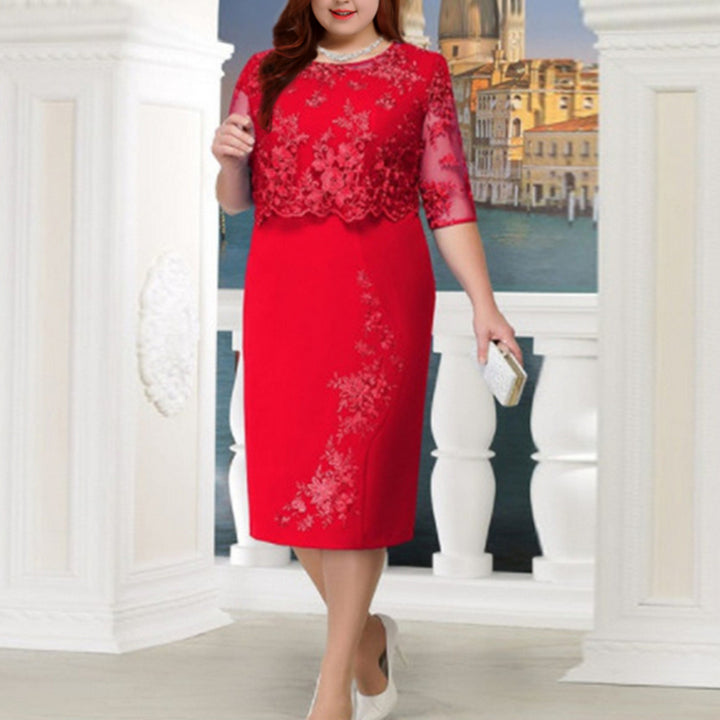 Damen Elegantes Spitzen-Overlay Etui-Kleid mit besticktem Chiffonoberteil und halbtransparenten Ärmeln – Élara