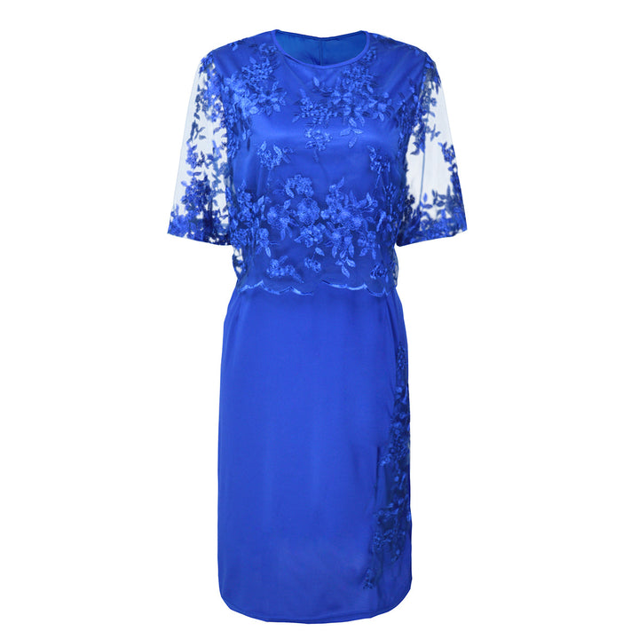Damen Elegantes Spitzen-Overlay Etui-Kleid mit besticktem Chiffonoberteil und halbtransparenten Ärmeln – Élara
