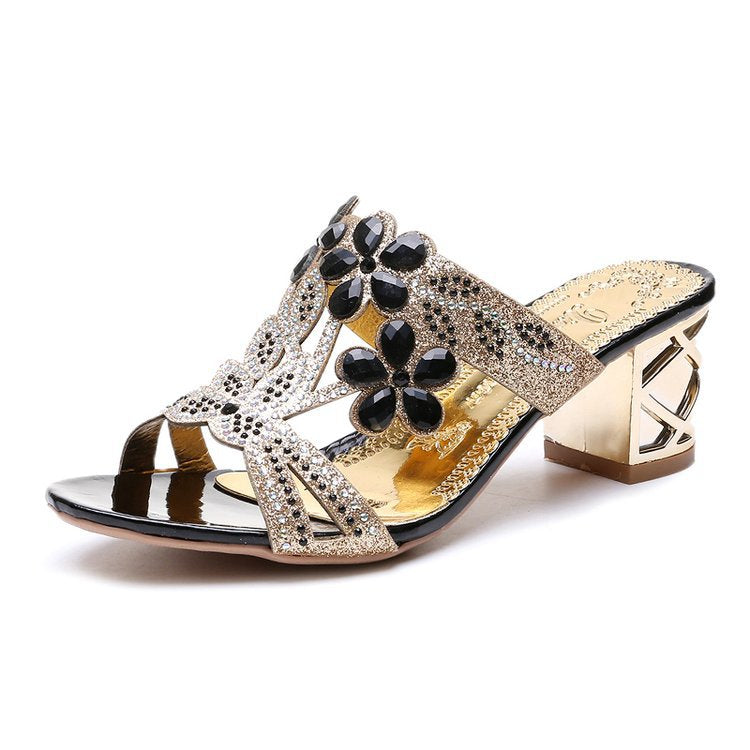 Damen nan verzierte Riemchensandalen mit mittelhohem geometrischem Blockabsatz und Kristallblumen Echo Archiv