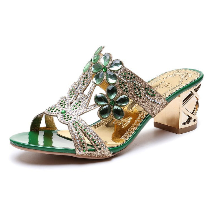Damen nan verzierte Riemchensandalen mit mittelhohem geometrischem Blockabsatz und Kristallblumen Echo Archiv