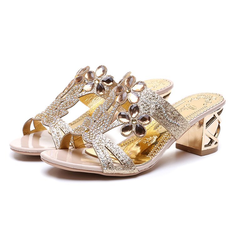 Damen nan verzierte Riemchensandalen mit mittelhohem geometrischem Blockabsatz und Kristallblumen Echo Archiv
