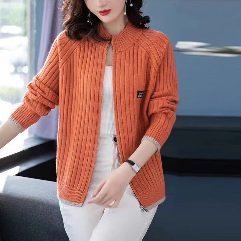 Damen-Strickjacke mit Reißverschluss, gestreift