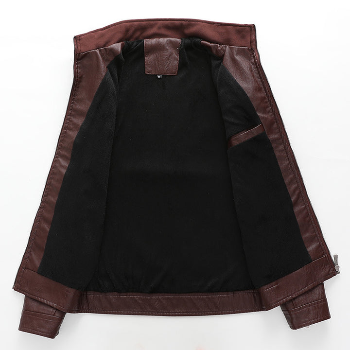 Herren Slim-Fit Lederimitat-Bikerjacke mit Stehkragen und Reißverschlusstaschen Echoarchiv