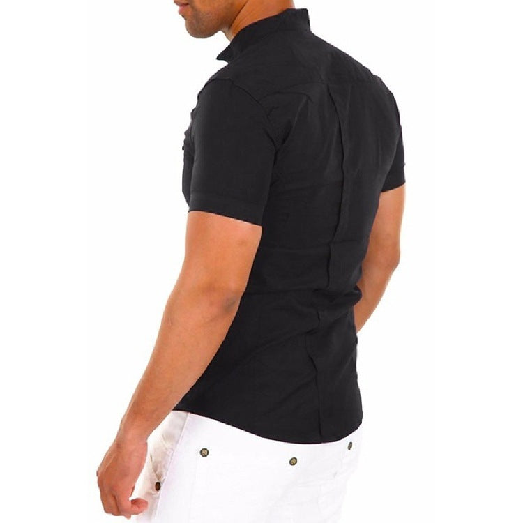 Herren Kurzarmhemd mit modernem Stehkragen und eleganten Knopfdetails – Arvello