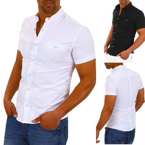 Herren Kurzarmhemd mit modernem Stehkragen und eleganten Knopfdetails – Arvello