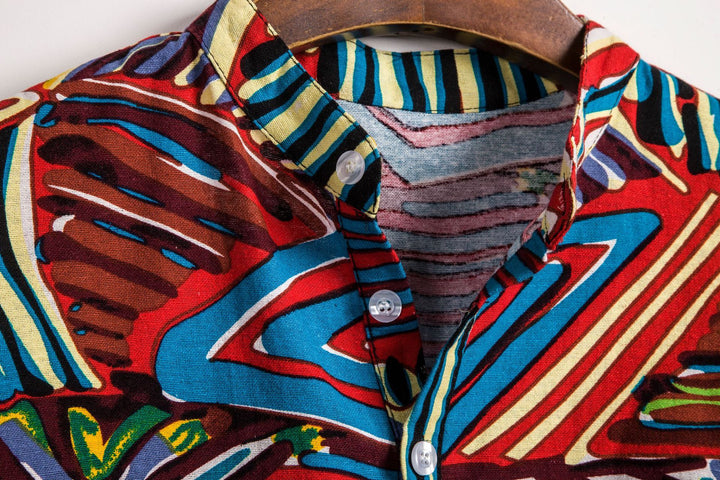 Herren Kurzarmhemd im kreativen Tribal-Design mit modernem Stehkragen Echoarchiv