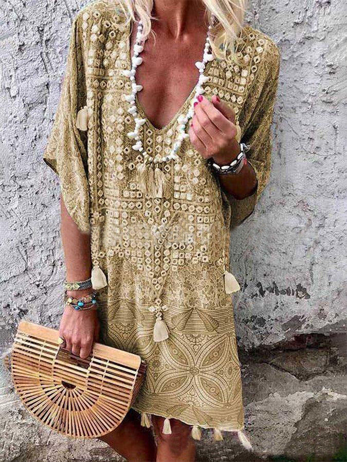 Damen Boho-Chic Kaftan mit V-Ausschnitt und Tassel-Details Echoarchiv