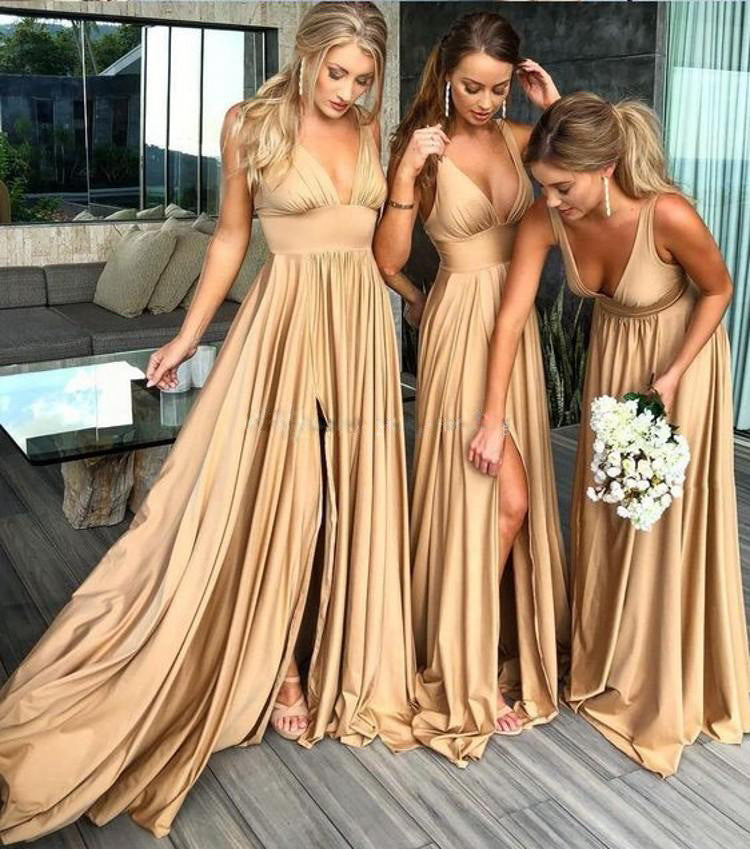 Echoarchiv | Geteiltes V-Ausschnitt Brautjungfernkleid Lange Maxi Abend