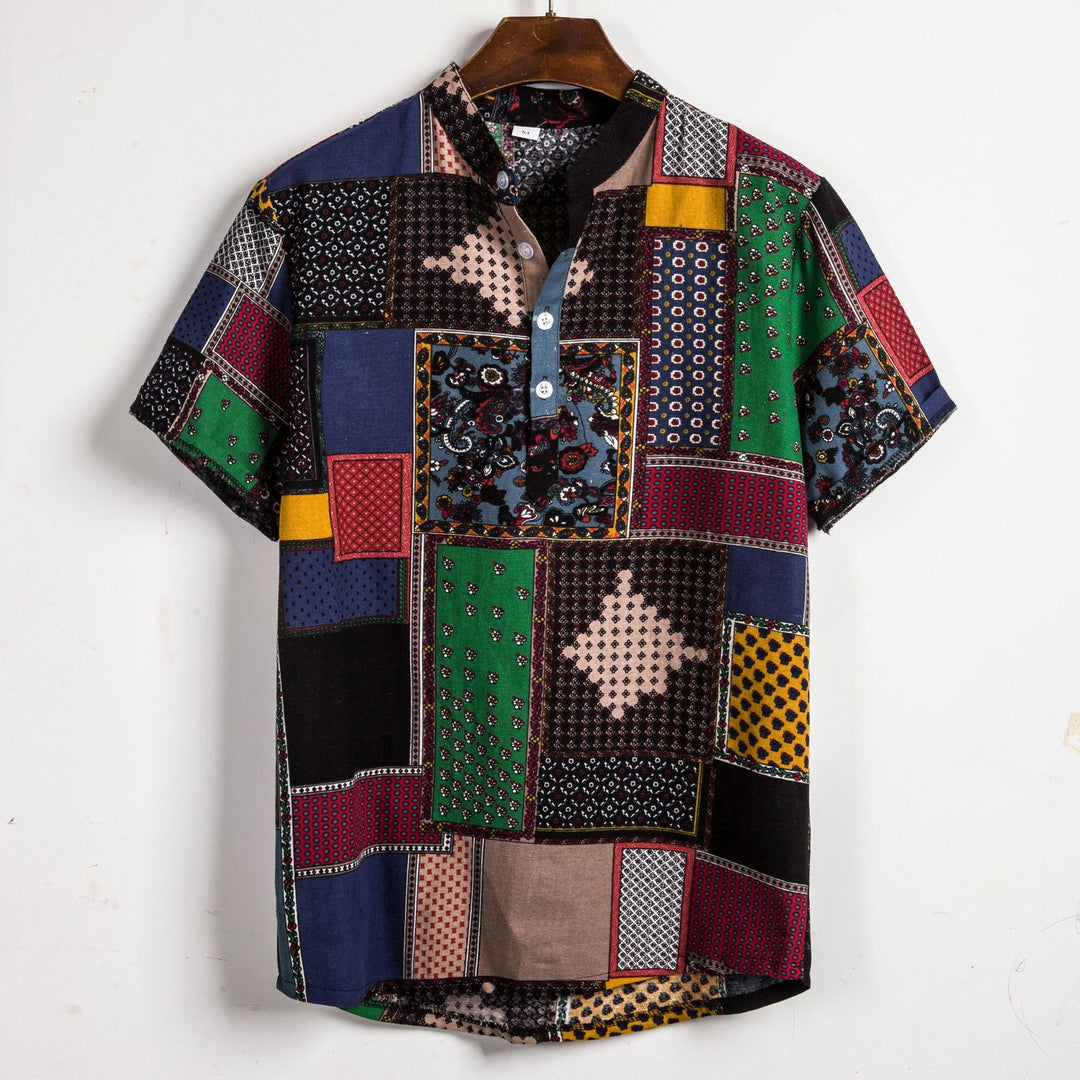 Herren Kurzarmhemd im kreativen Patchwork-Design mit Knopfdetails Echoarchiv