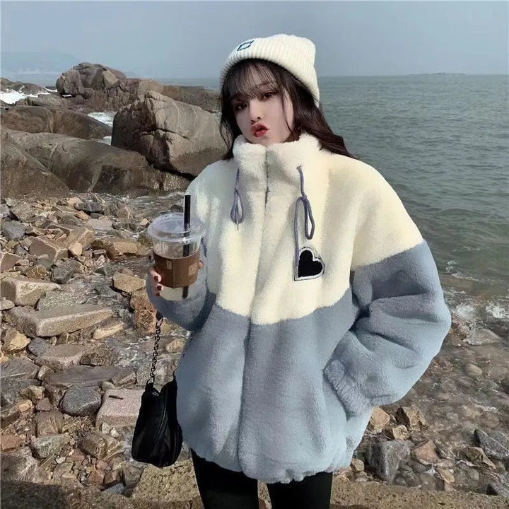 Lammfleece-Jacke für Damen, lockerer Schnitt, Patchwork-Design