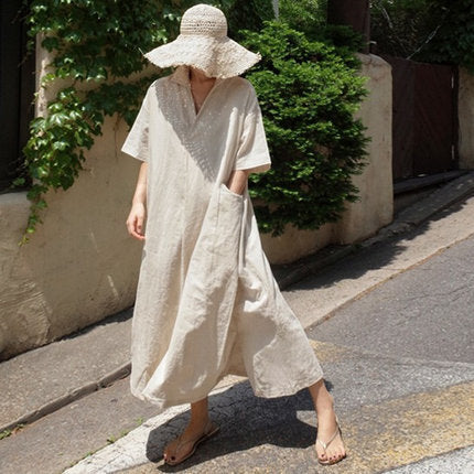 Damen Weites Hemdkleid aus Leinenmix mit Kentkragen, Kurzarm und Seitenschlitzen – Lunéa