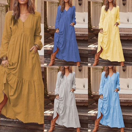 Damen nan luftiges Maxikleid mit V-Ausschnitt, langen Ärmeln und seitlichen Taschen Echo Archiv